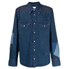 Hot Sale Custom Men Blue Western Patch Designs Denim Shirts Two Pockets Bottom Curved Edges