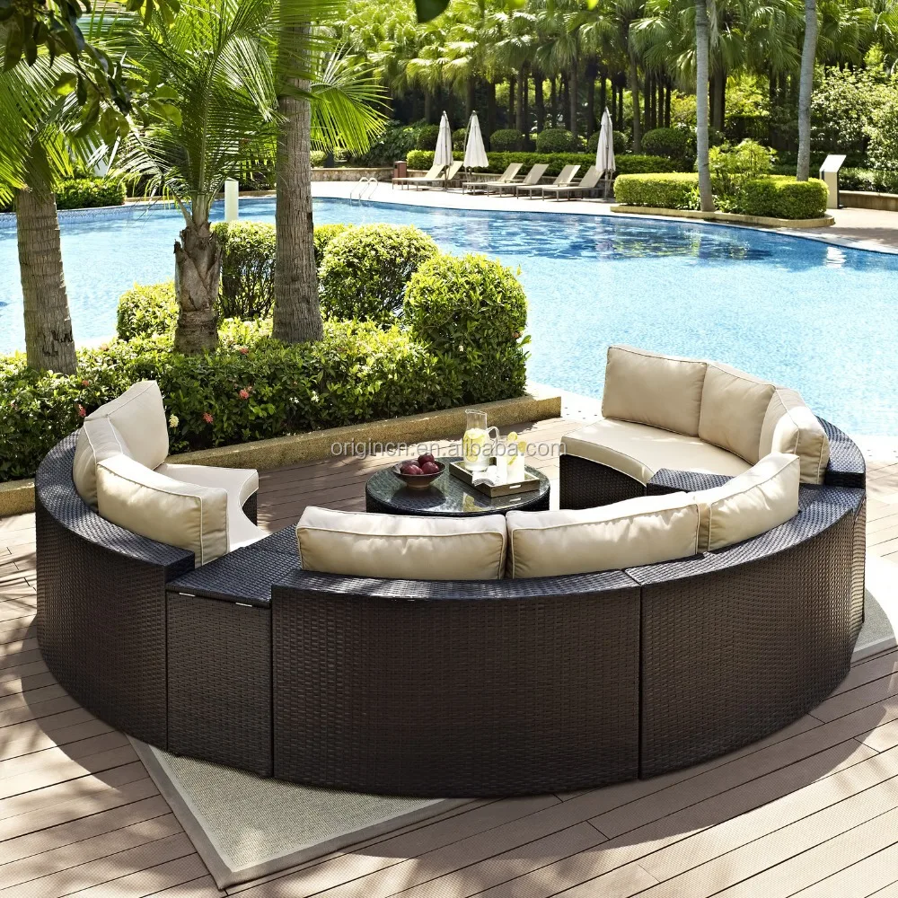 Semi circle patio wicker chairs with sectional arm tables rattan ...