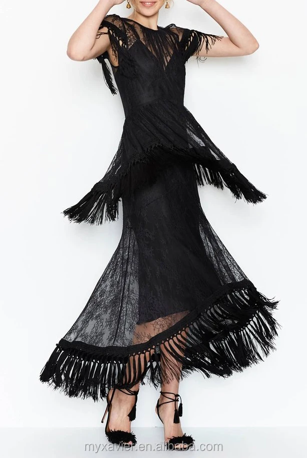 Elegant Piece Cut Tassel Dress And Two Tiered Hem Fringed Gown For ...