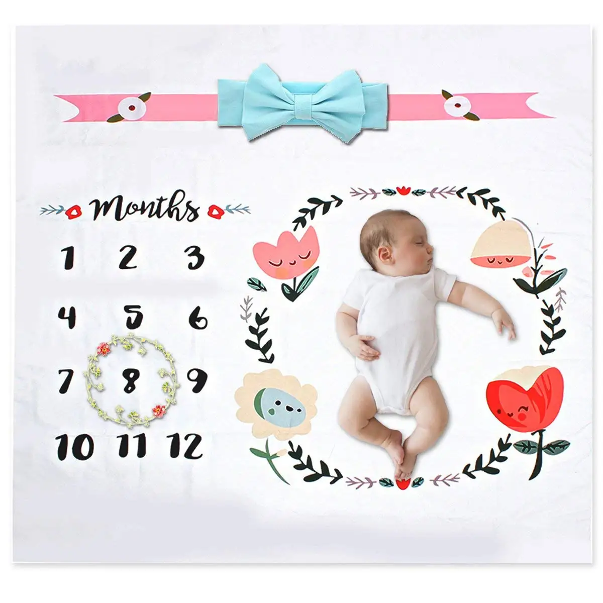 FunSponsor Baby Monthly Milestone Blanket 40x40, Infant Photography Background Prop, Great for Unique DIY Newborn Baby Swaddling Blanket Photos (Bonus: Headband with Gift Pouch)