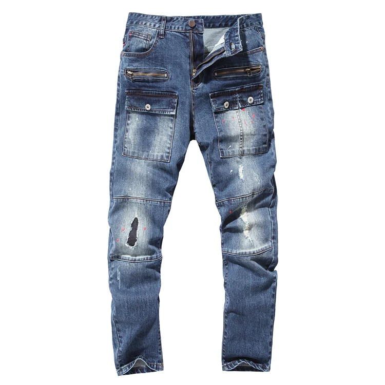 Mens Leg With Hole Straight Slim fit Biker Denim Jeans Trousers Skinny Pants