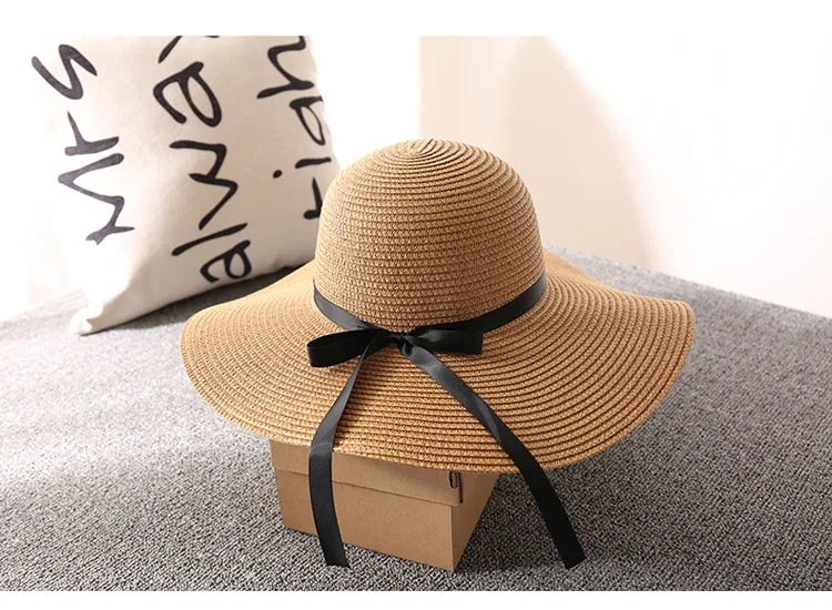 Women Broad Brim Beach Hat Bowknot Summer Sun Hat Foldable Straw Hat ...