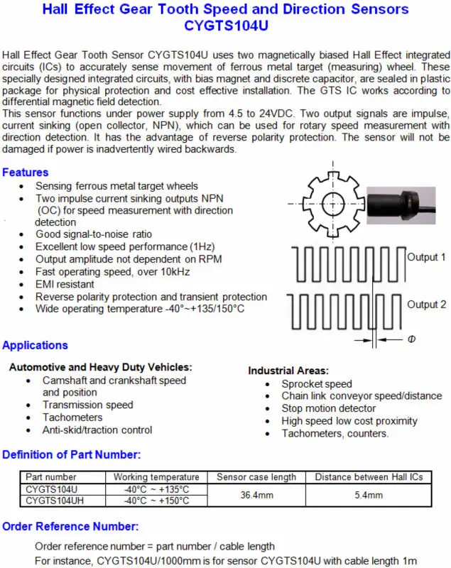 Hall Effect Gear Tooth Sensor Cygts104u (for Large Gear ...