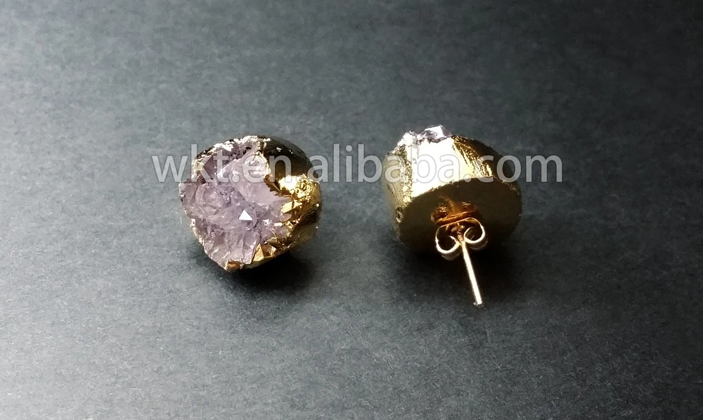 New Tiny Round Druzy Earrings Stud Gold Plated Tiny Round Druzy Earrings Stud Gold Plated Drusy Amethyst