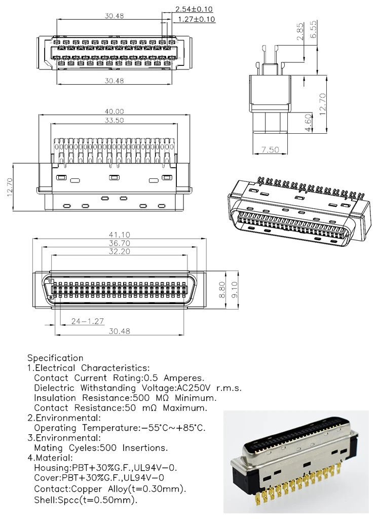 Factory direct 3M HPCN 3U'' Gold SCSI Male head Connector 50P 50Core 20P 26P 50P Solder type .jpg