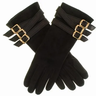 Black Suede Buckled Musketeer Gloves for lady