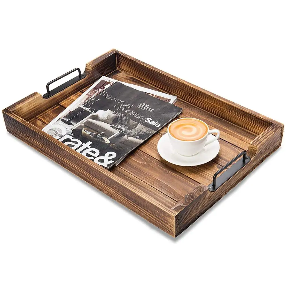 High Quality Rustic Tray Wooden Serving Tray With Modern Black Metal
