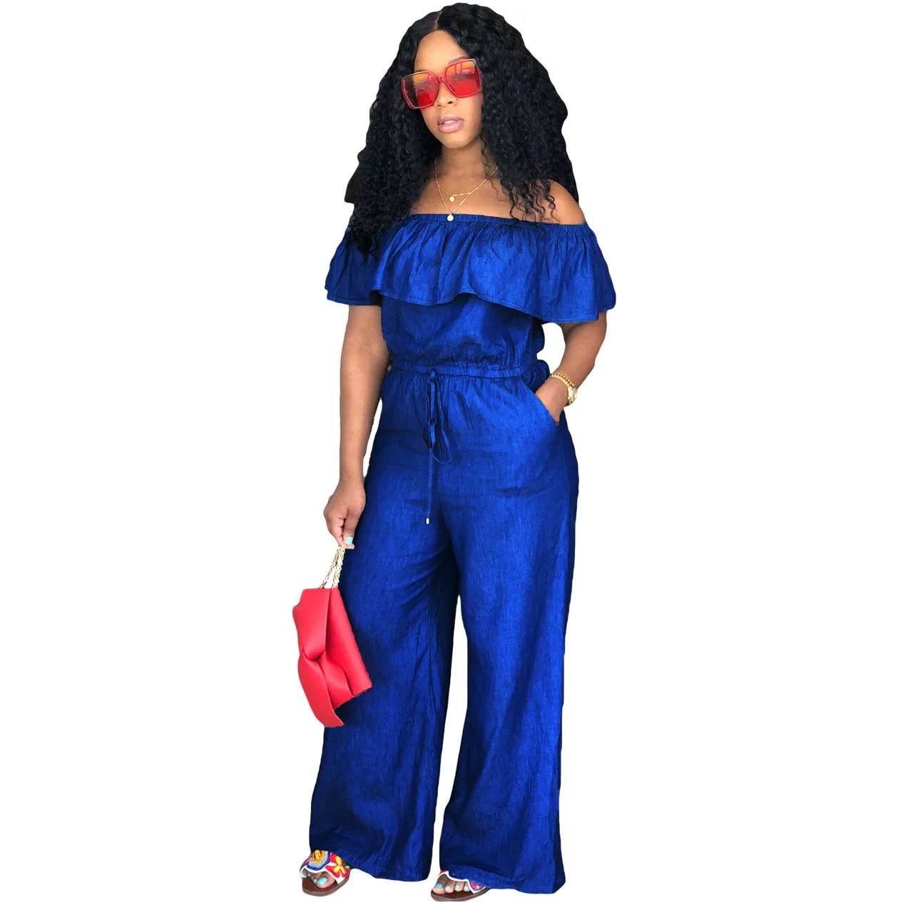 Off Shoulder Slash NECK Ruffle Jeans Denim Jumpsuit Loose 2018 Women's Fashion Playsuit Romper