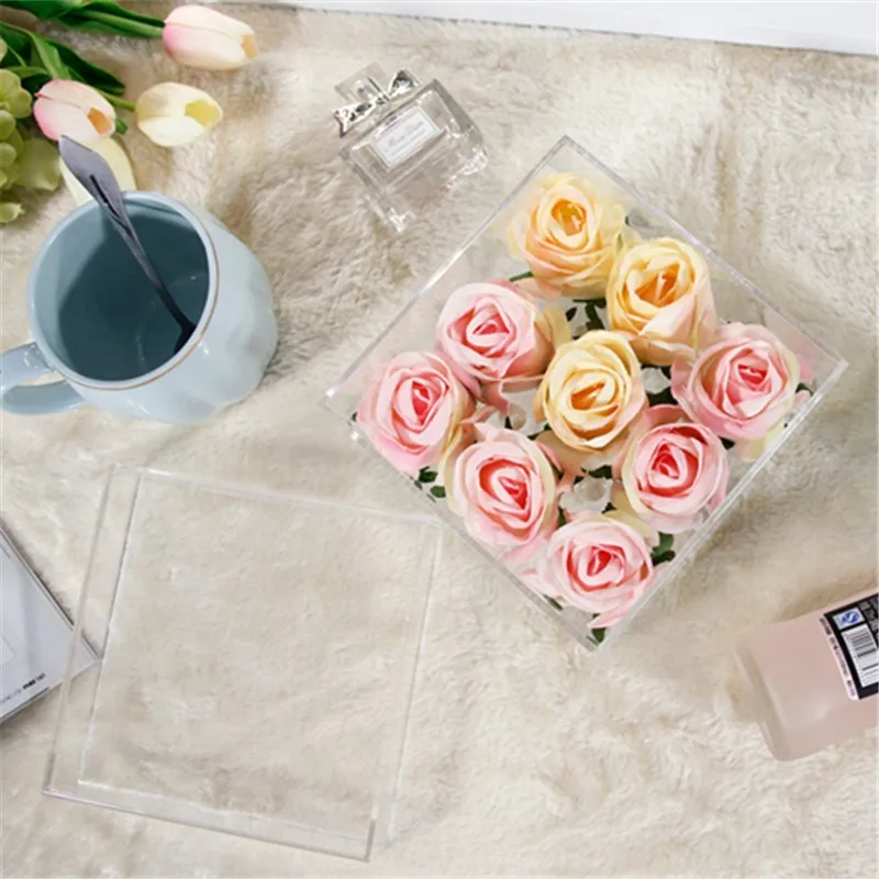 Customized Square Lucite Packaging Rose Container Plastic Flower Box