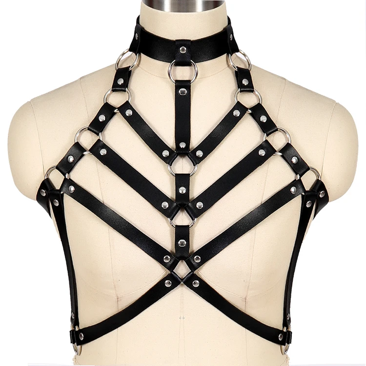 Women Punk Goth Leather Harness Chest Bondage Cage Bra Sexy Top Body Exotic Wear Plus Size Pole