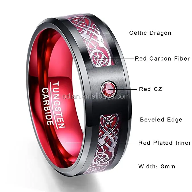 TUNGSTORY 8mm Tungsten Carbide Wedding Band Rings with Silver Celtic Dragon & Red Carbon Fiber Inlay Beveled Edge Comfort Fit Size 6-16
