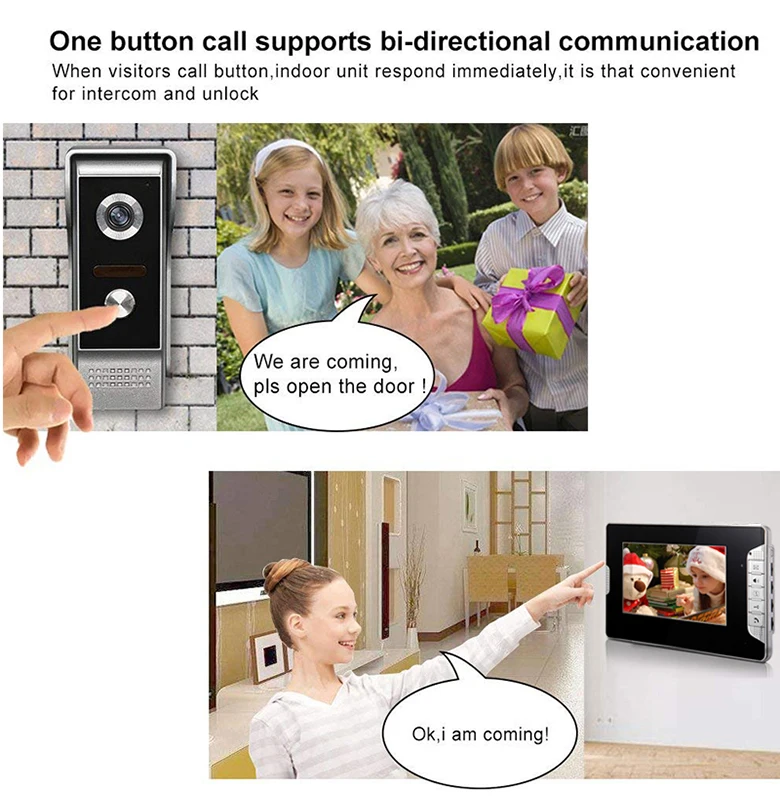 Wired Video Doorbell Intercom System 7''Inch Color Screen ,Dual-way Intercom,Monitor,Unlock with Night Vision Camera