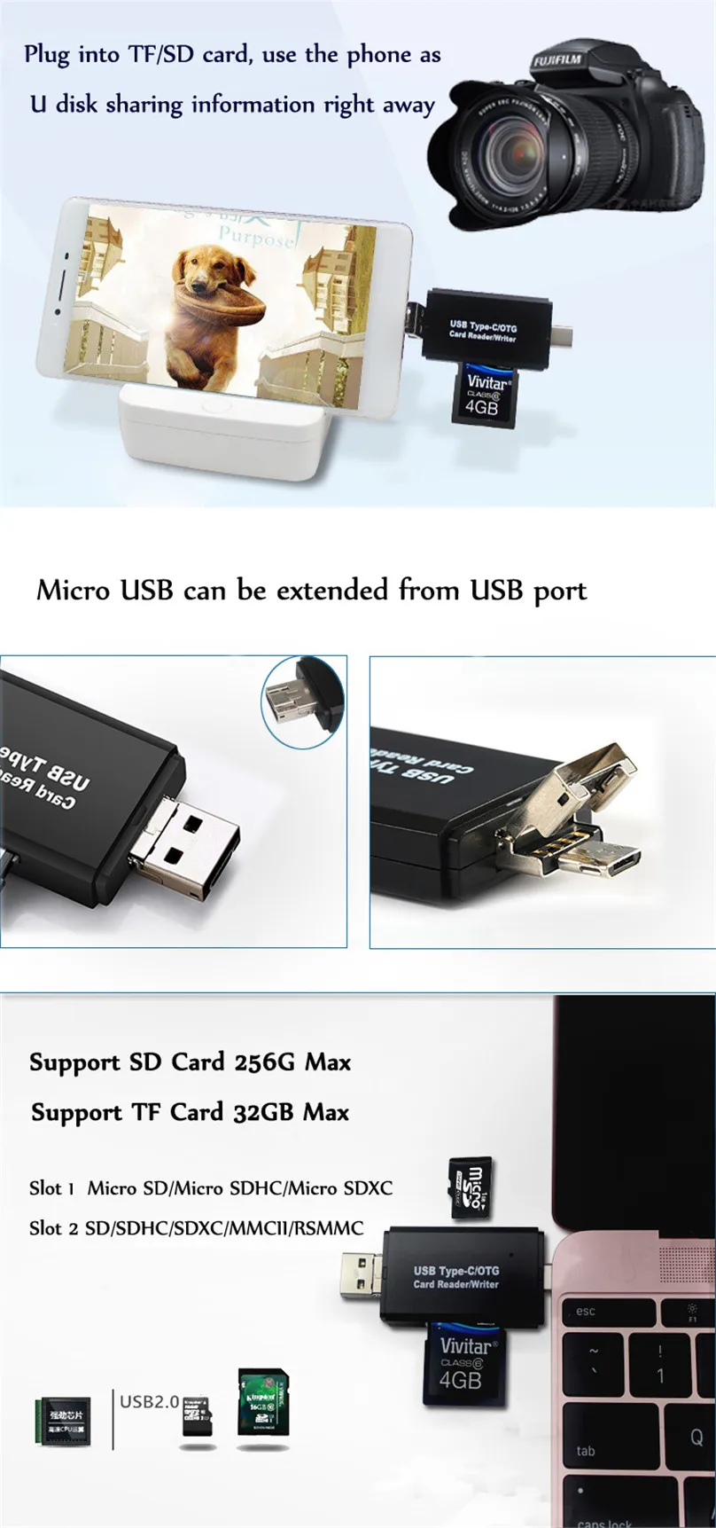 Sd Card Reader Usb C Card Reader 3 In 1 Usb 2.0 Tf/mirco Sd Smart