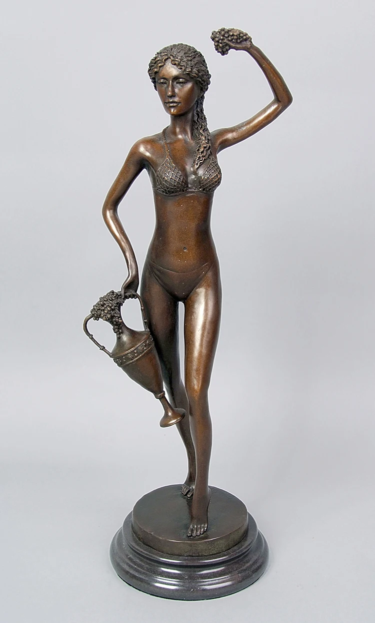 青铜艺术装饰青铜裸体女士与花瓶和葡萄艺术雕像雕塑