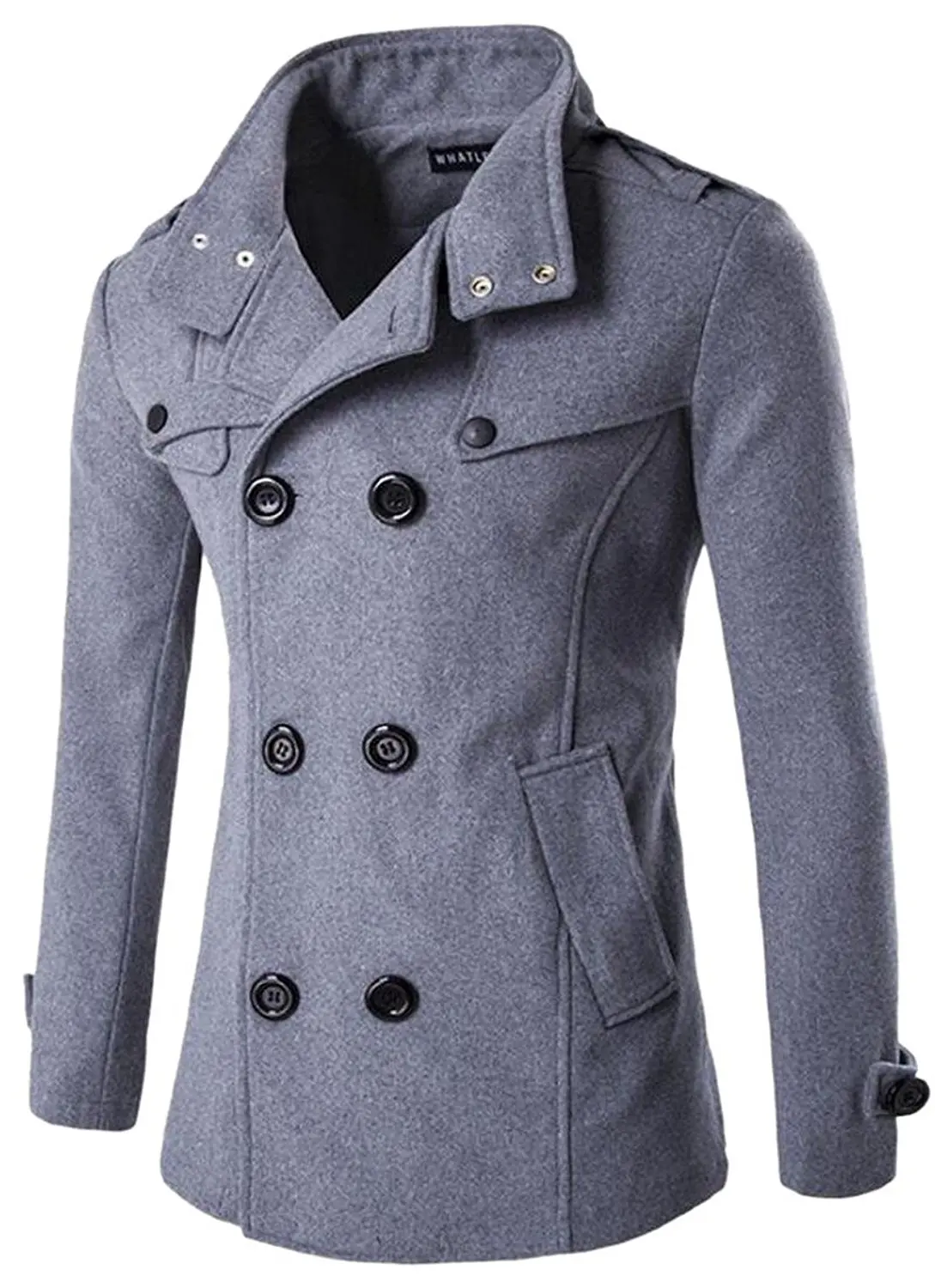 HTOOHTOOH Mens Trenchcoat Single Breasted Overcoat Pea Coat Wool Blend Slim Coat