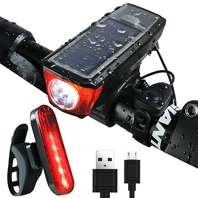 USB Solar Powered Bicycle Light LED Front Light with Bell Horn Solar mountain bike lights