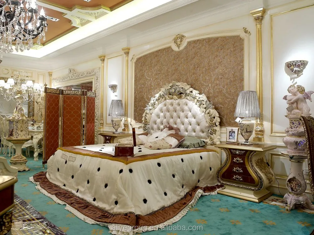 Aas50000-juegos De Dormitorio De Oro Antiguo,Cabecero De Madera Tallada