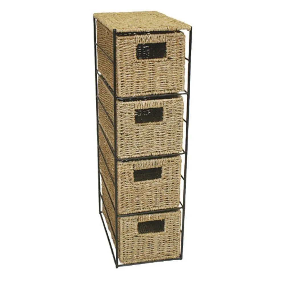 Woodluv 4 Drawer Seagrass Tower Storage Unit With Chrome Wire