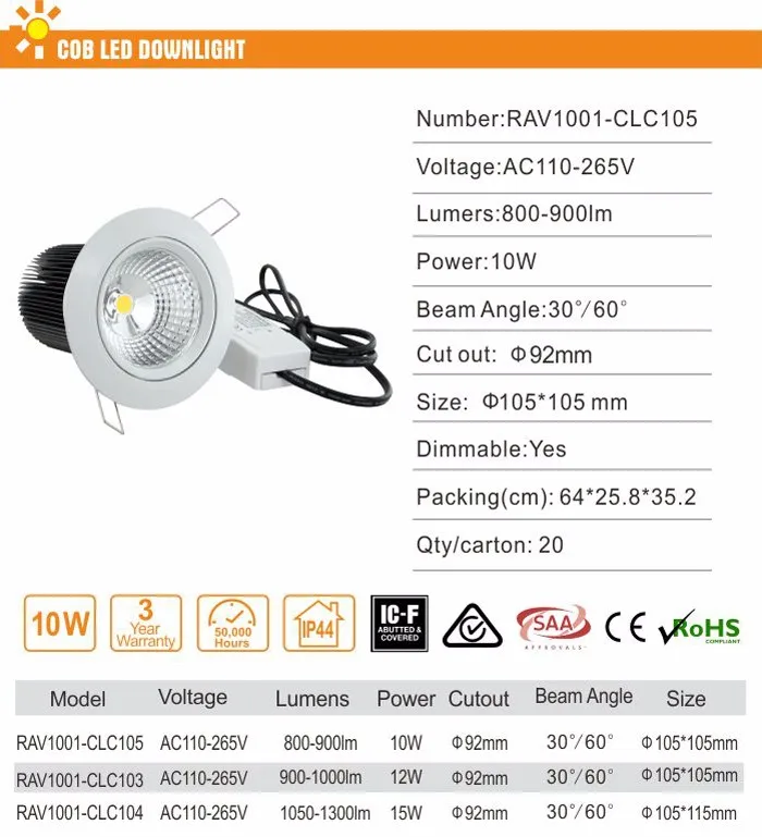 NEW HIGH Lumen HOT SALE 10W LED COB Down Light With CE/SAA approve