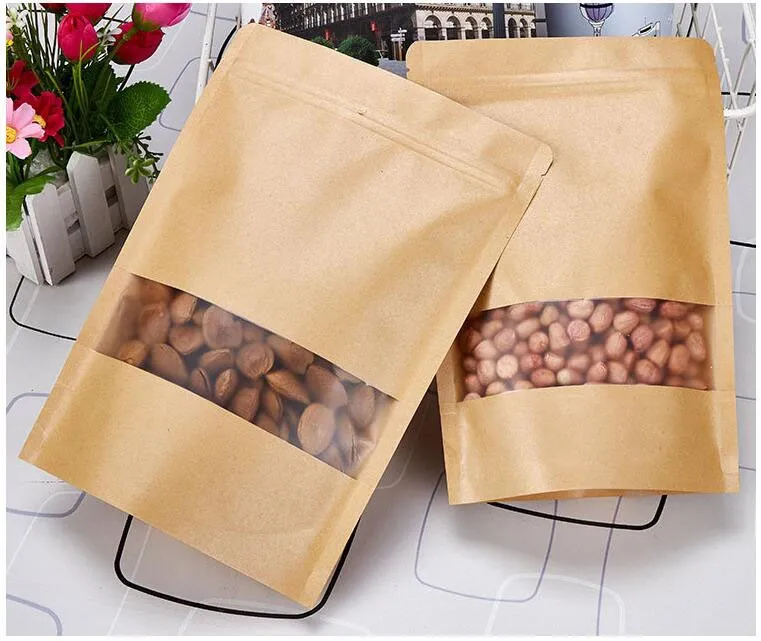 Clear Window Kraft Paper Bag Stand Up Pouch With Resealable Zipper Lock