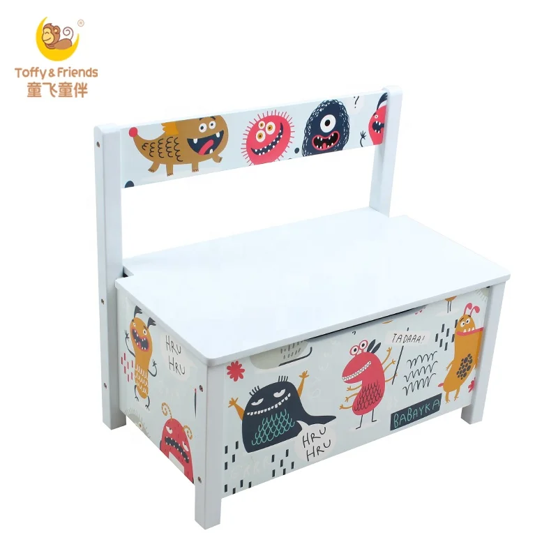 Toffy Friends Wooden Toy Box Kids Storage Toy Chest With Back