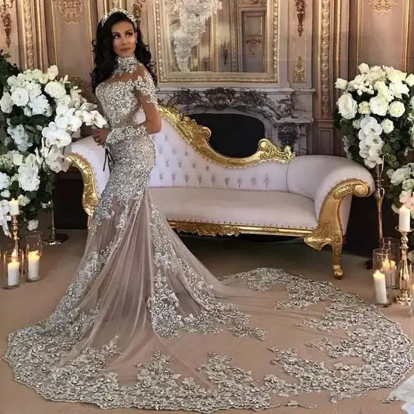 ASA035 robe de mariée de luxe en cristal à manches longues en dentelle étincelante
