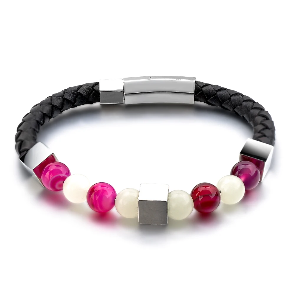 Wholesale Fashion Handmade High Quality Custom Jewelry Black Gemstone Natural Lava Stone Mens Leather Bead Bracelet