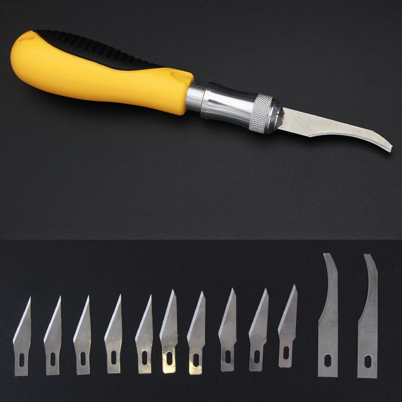 1 Set Metal Handle Scalpel Blade Wood Paper Cutter Craft Pen Knives