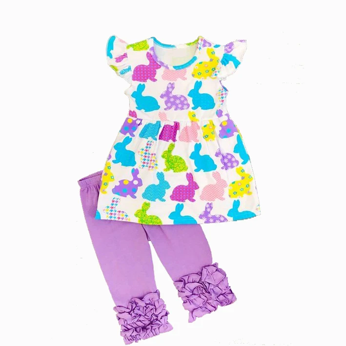 Wholesale Easter Day Kids Clothes Baby Girls Outfits Bunny Applique Sleeveless Ruffle Pant Sets