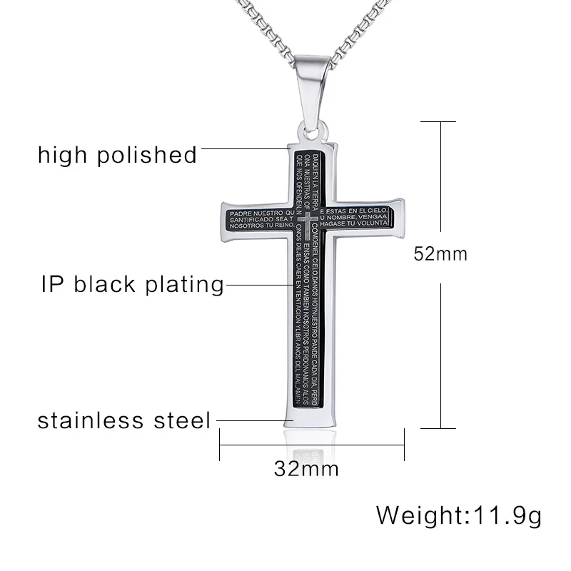 Unisex Stainless Steel Espana Bible Prayer Necklace Cross Pendant for Mens Womens Black