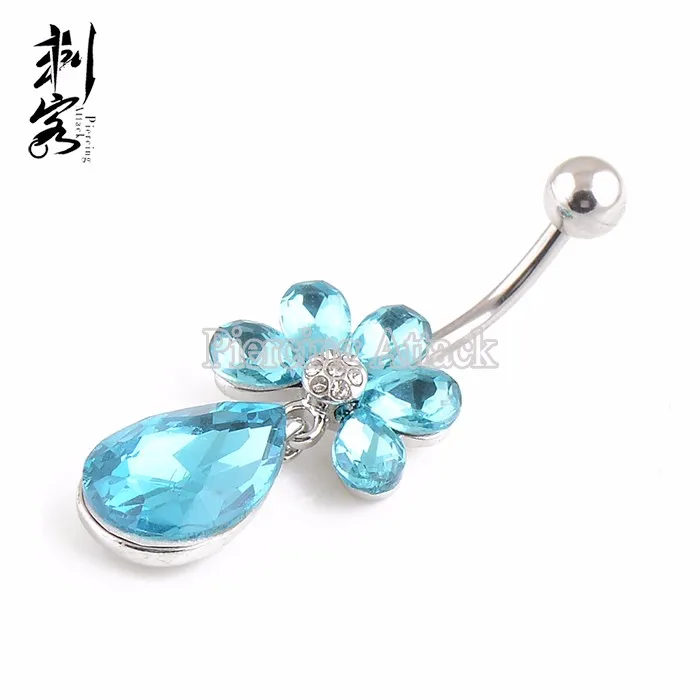Stainless Steel Aqua Crystal Teardrop Navel Belly Ring Fake Navel