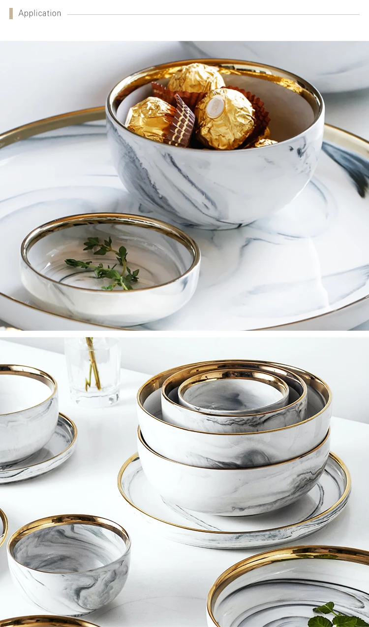 European Gold Rim Ceramic Salad Bowl, Hotel Supplies Gold Rim Grey Luxury Marble, Best Selling Gold Rim Restaurant Bowl&
