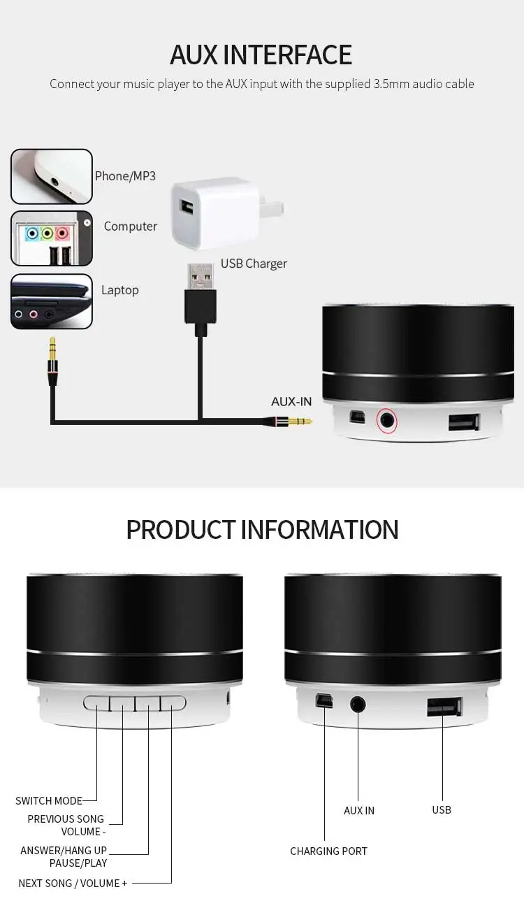 New Arrival Mini Wireless Portable Blue Tooth A10 Speaker Music Subwoofer Support Tf Usb With Led Lamp - ANKUX.COM