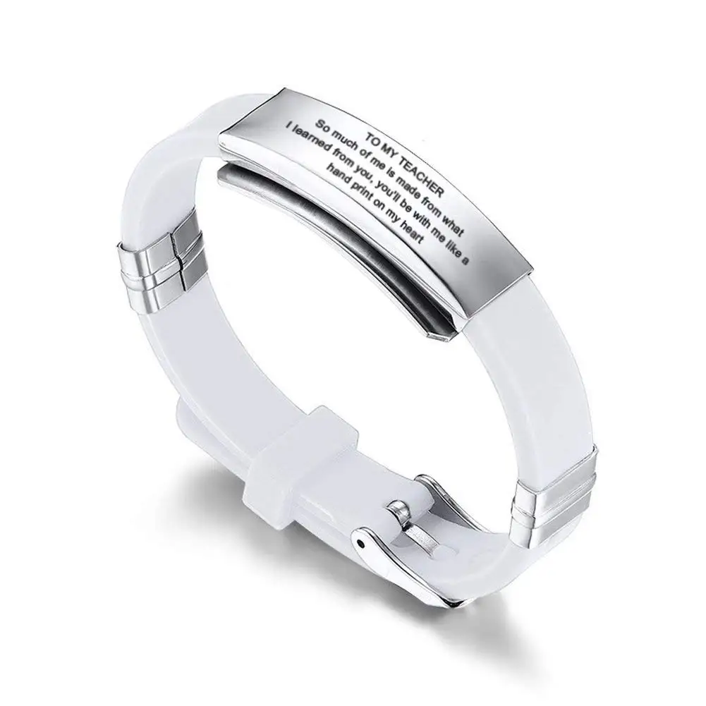 LF Mens Womens Stainless Steel Silicone Personalized Name Date Custom Teacher Appreciation Gifts Inspirational Motivational Adjustable Cuff Bracelets for Teachers Day Gift,Free Engraving Customized