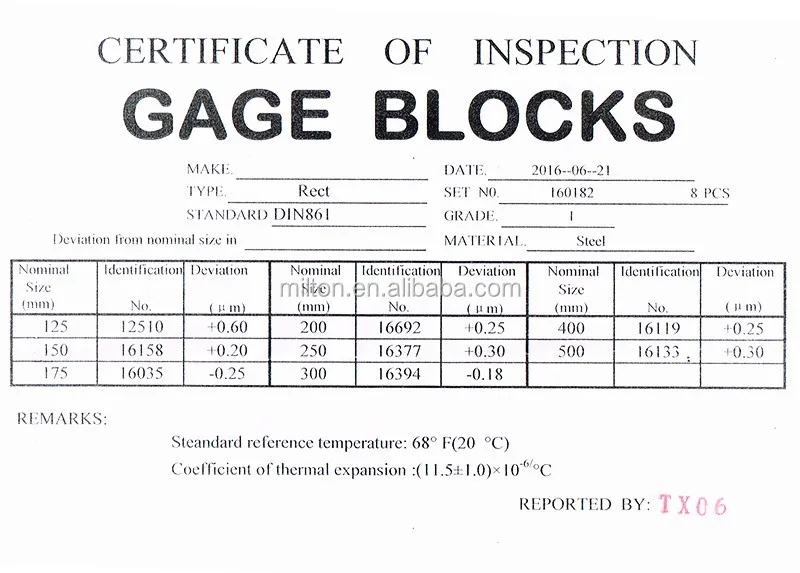 125500mm 8pcs/set,1 Grade Metric System Rectangular Gage Blocks Set