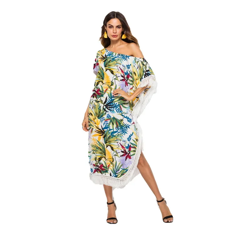 2019 Wholesale Latest Low Moq Viscose Fabric Off One Shoulder Asymmetrical Bohemian Dress Beach Wear Dress For Women