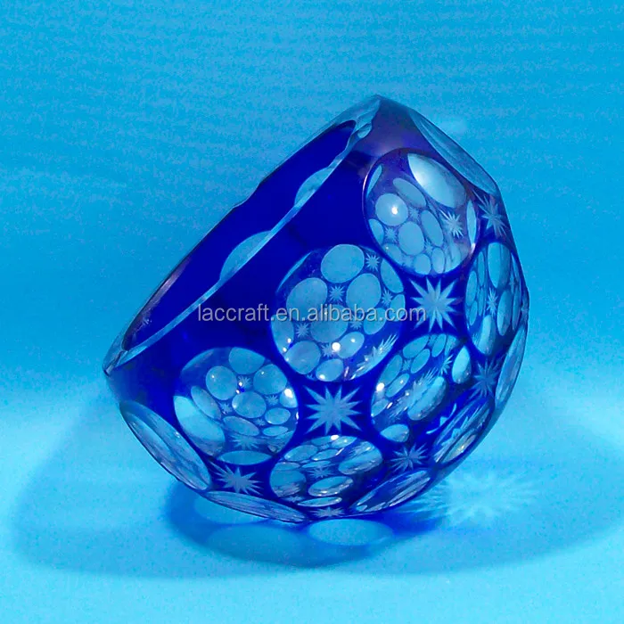 Handmade Bohemia Round Crystal Glass Ashtray Blue With Engraved Pattern