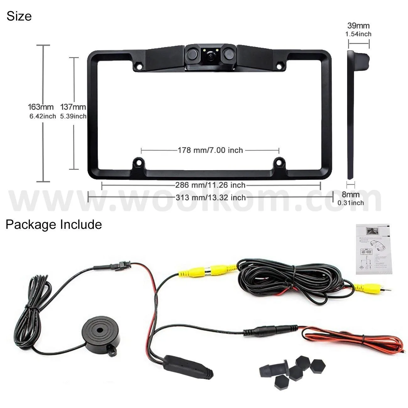 Backup Camera License Plate Frame No Drill With 2 Radar Sensors Bibi