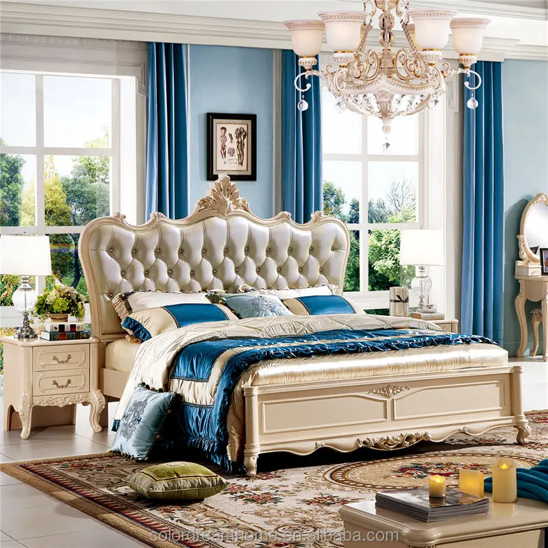 Creamy White Luxury Wood Carving Bed Furniture Queen Size Bed