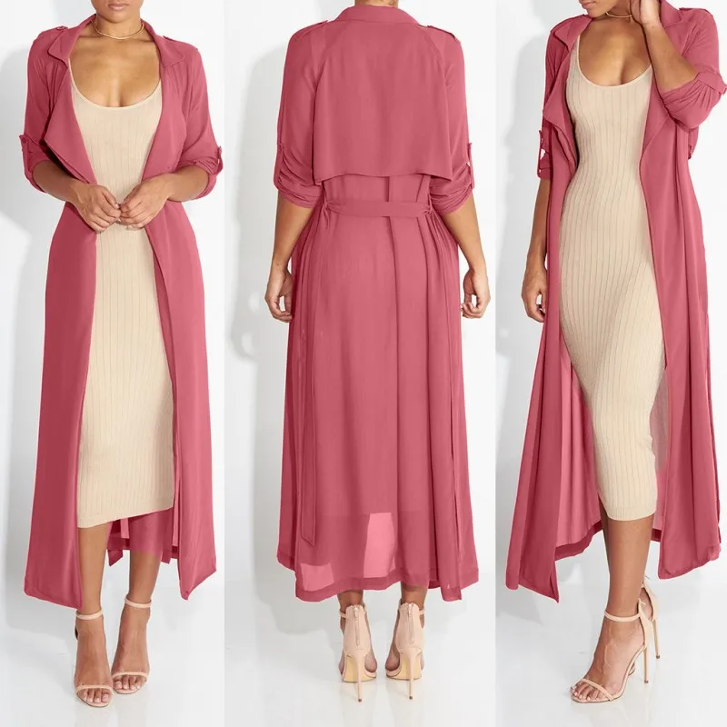 Fashion Full Sleeve Trench Coat Pink Chiffon Duster For Women Woman ...