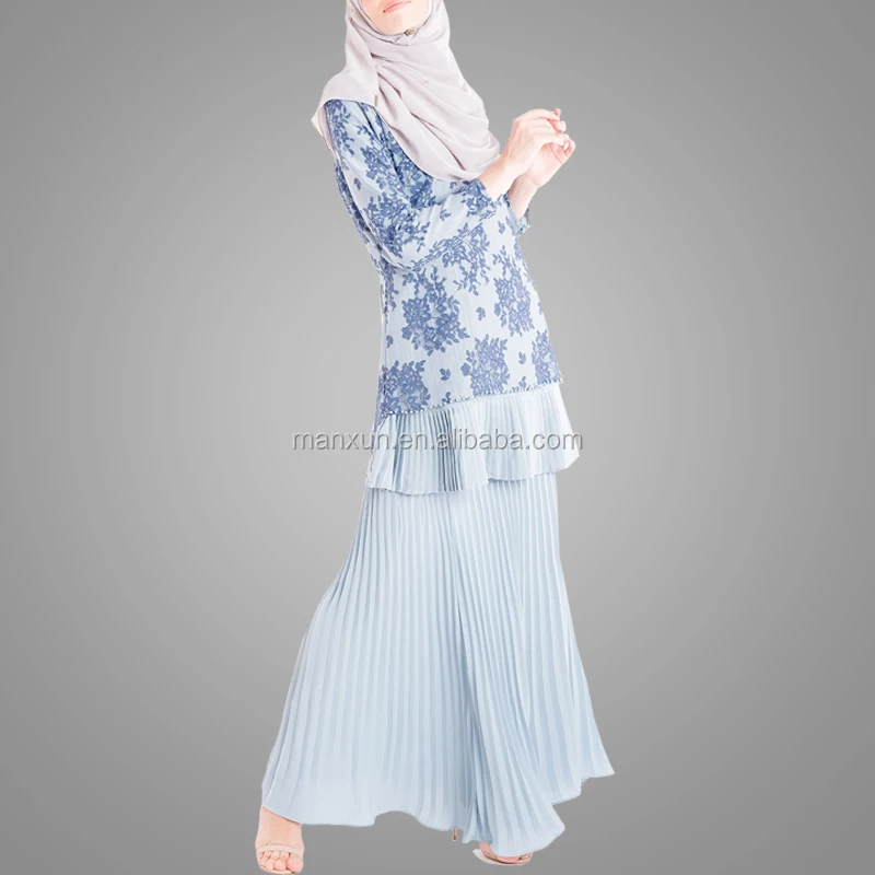 Latest Design Lace Baju Kurung Moden Chiffon Pleated Skirt For Muslim