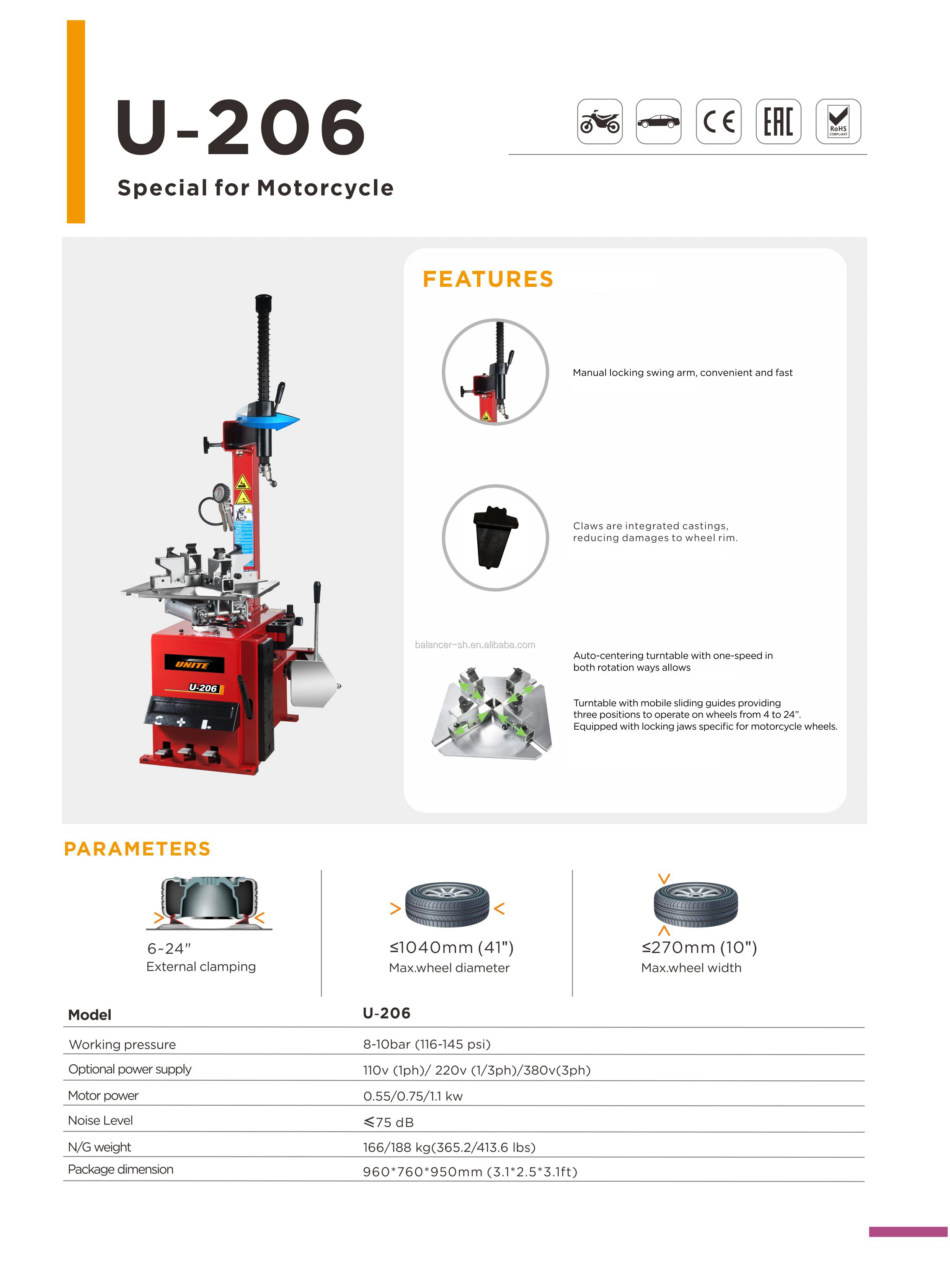 Unite U206 Automatic Motorcycle Tyre Changer Garage Equipment With Ce