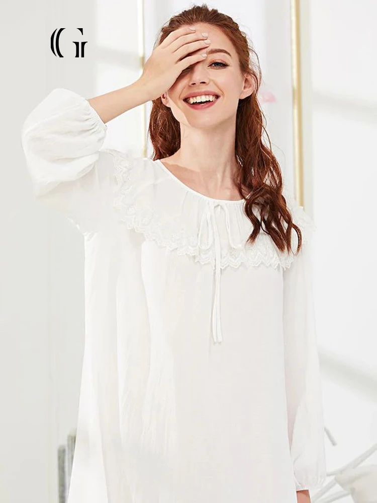 Plus Size Baby Doll Sleepwear Classic Long Ladies Pajamas Lady White