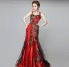 Stock Dress Chinese Phoenix Beaded Embroidery Sleeveless Mermaid Long Raw Silk Evening Gown Dress