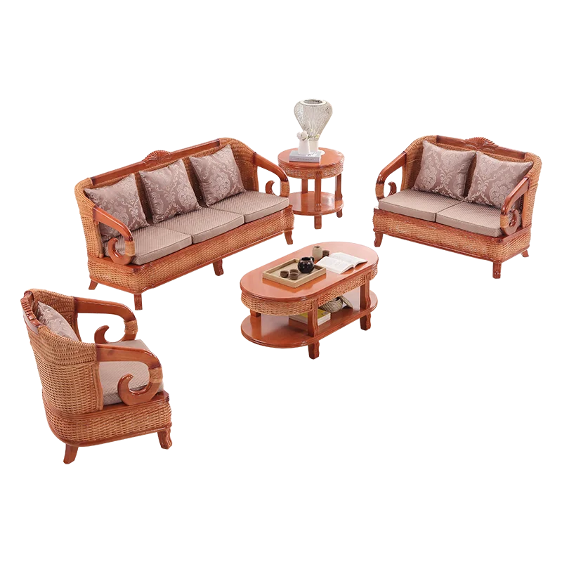 Chinese Style Indoor Living Room Furniture Cane Wood Sofa Set