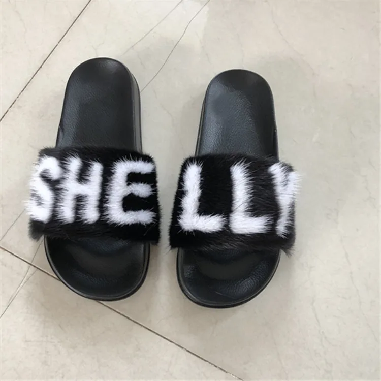 
Wholesale Luxury custom logo real mink fur slippers mink fur slides 