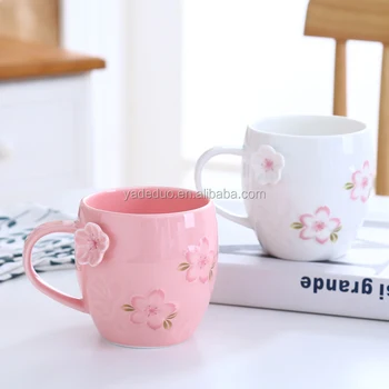 Pink Color Embossed Coffee Mug With Flower Painting Ceramic Fancy