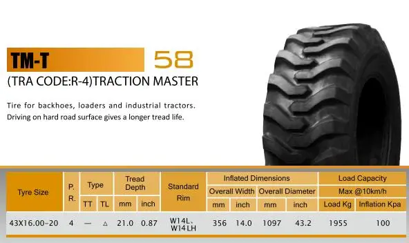 43x16.00-20 4pr Tyre for loader backhoes and industrial tractors