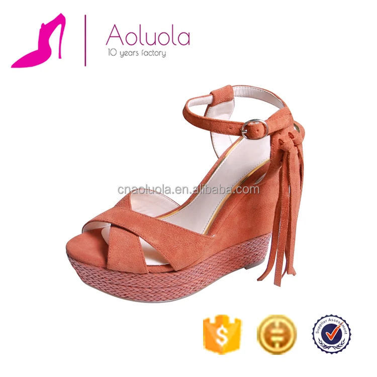 Handmade comfortable suede leather high heel girls sandals with tassels