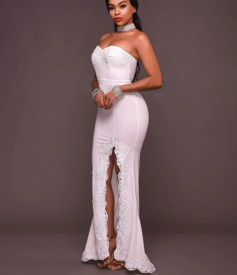 New High-end Dress High Slit Lace Prom Tube Dress Sleeveless Strapless White Front Slit Wedding Dress